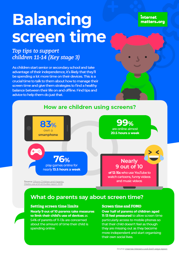 Poster detailing top tips to support children 11-14 (key stage 3) in balancing their screen time from internetmatters.org.
