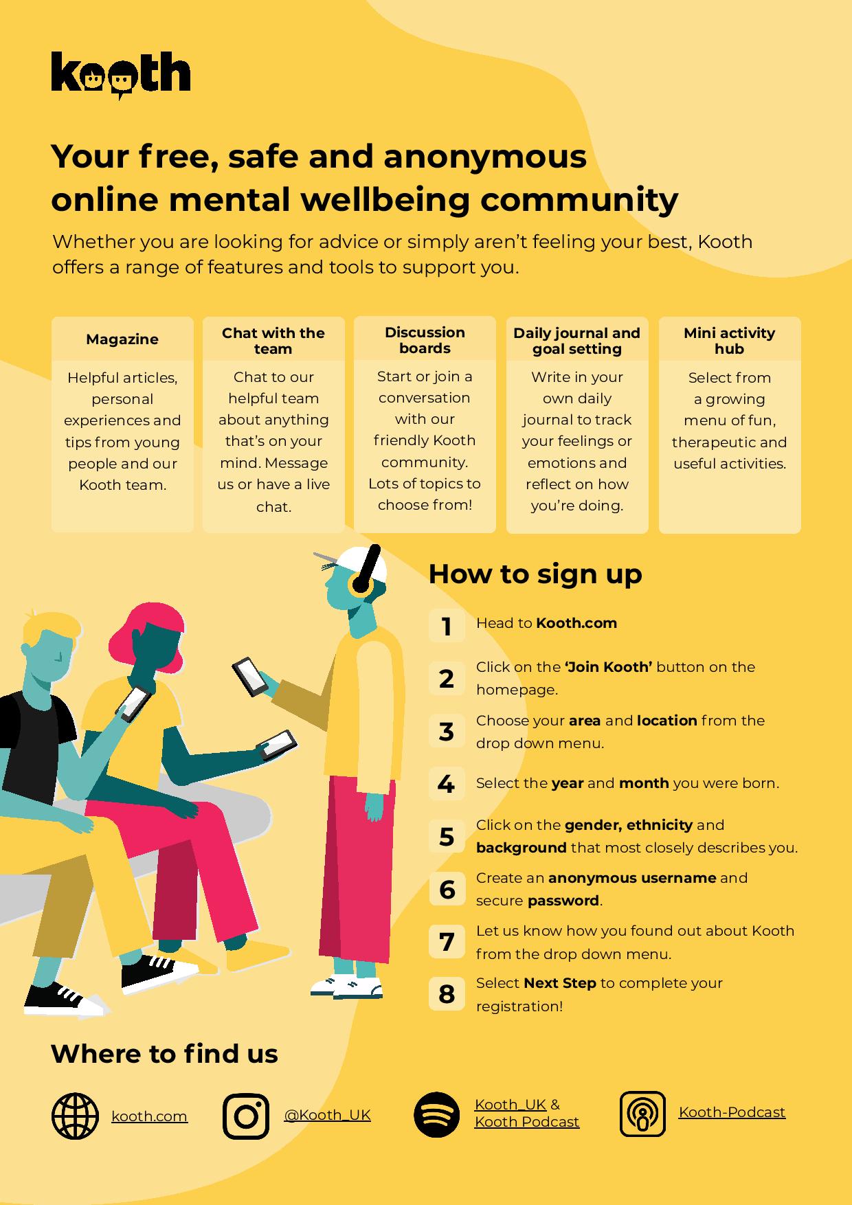 Poster for Kooth (free, online, mental wellbeing community).